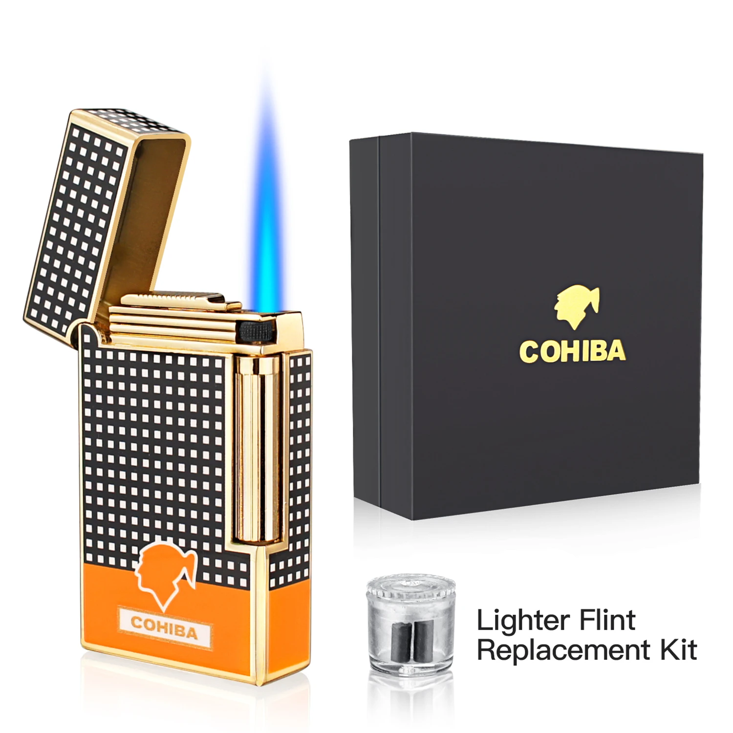 

COHIBA Cigar Lighter Metal Torch Jet Flame Refillable Butane Gas Windproof Lighter with Cigar Punch Gift Box Cigar Accessories