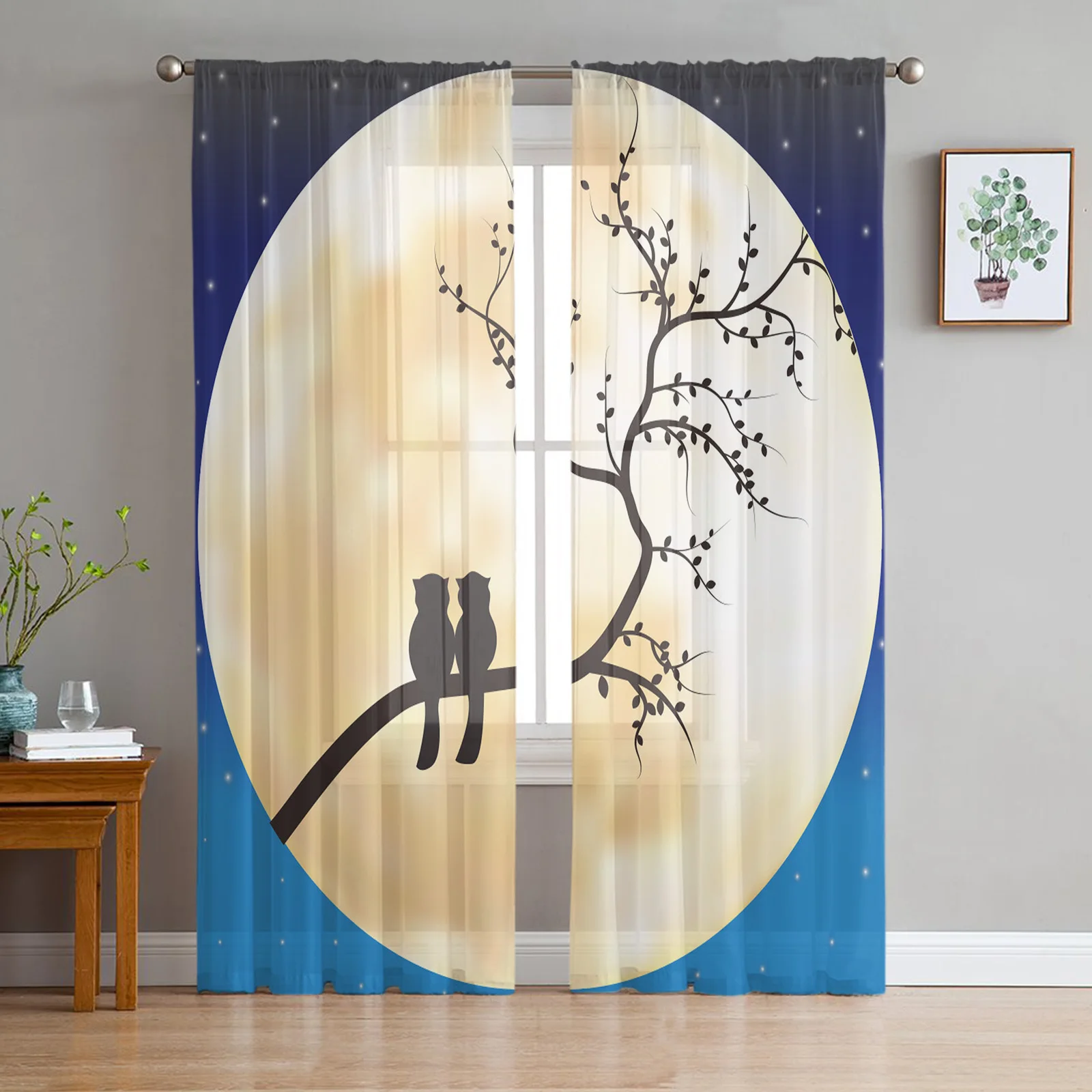 

Owl Silhouette Moon Branch Tulle Sheer Curtains for Living Room Decoration Drapes Bedroom Kitchen Voile Organza Window Curtain
