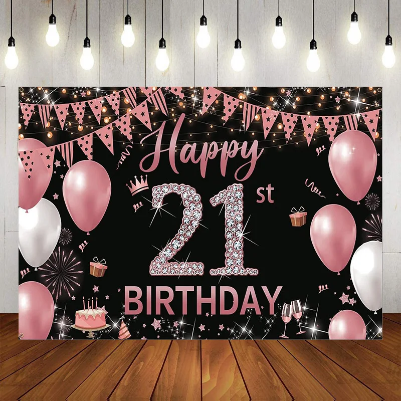 

Happy 21st Birthday Party Decorations Photography Backdrop Banner Background Black Gold For Women Men Her Him Poster