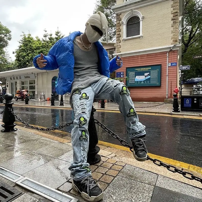 Джинсы мужские и женские прямые в американском стиле облегающие брюки с вышивкой