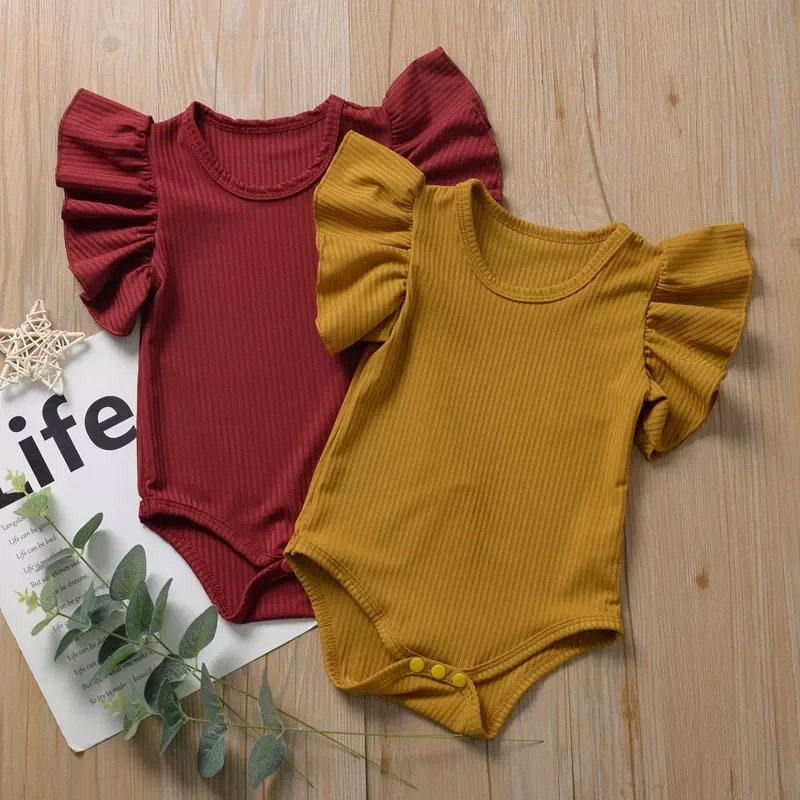 

2022 Summer Baby Girls Rompers Cotton Toddler Jumpsuits Newborn Girl Pure Color Ruffles Sleeve Infant Romper Baby Clothes 0-24 M