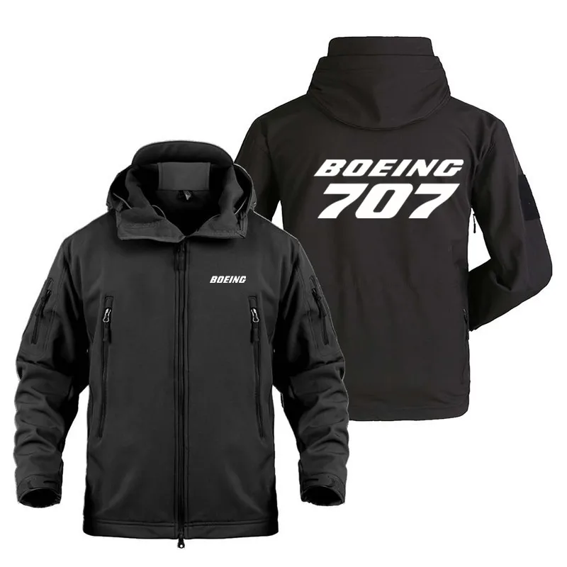 

2023 New Boeing 707 Print Fleece Warm Multiple Pockets Zipper Hooded Man Coat Jacket Military Outdoor SoftShell Jacket for Men