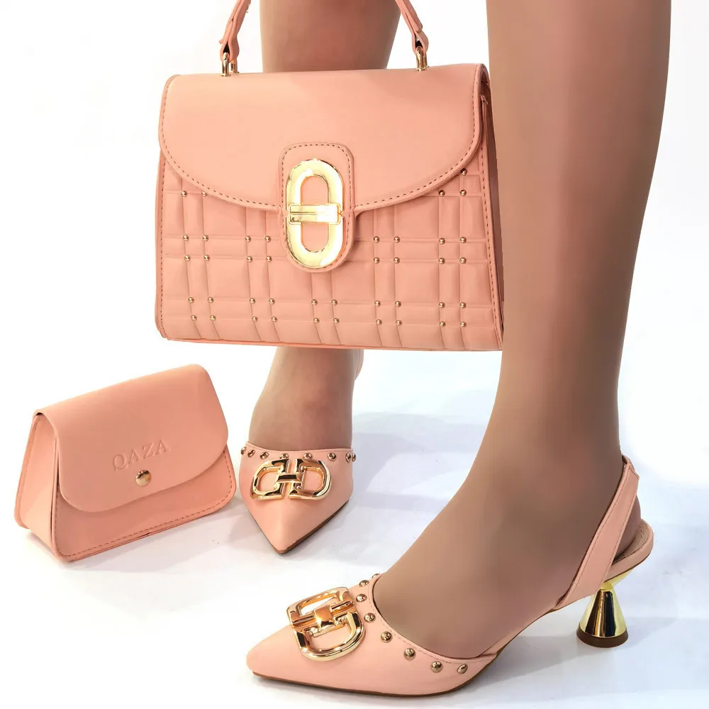 Pointed Top The Peach Color Fashion Simple Flash Diamond Decorative High Heels Exquisite Party Ladies Shoes And Bag Set