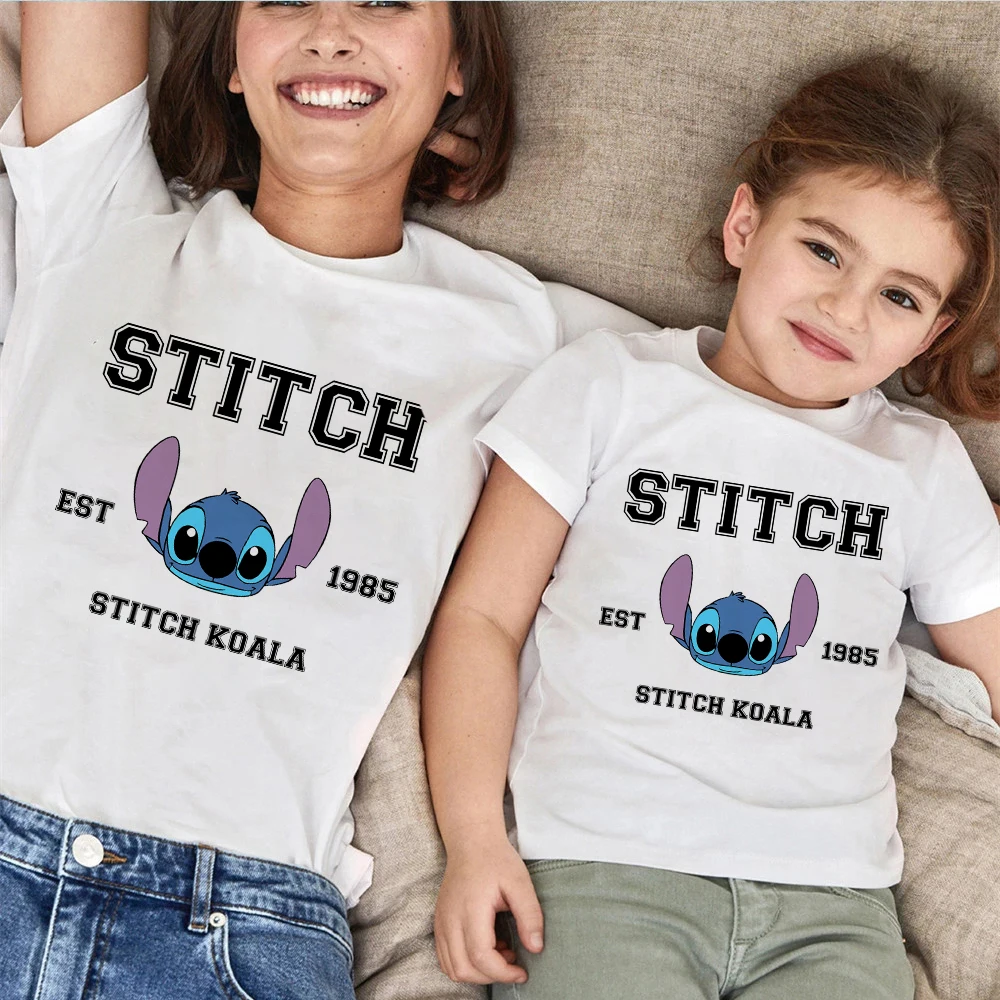 

Disney Est 1985 Stitch Print Tshirt Parents Matching Clothes Summer White Casual Newborn Bodysuit Mother Kids Short Sleeve Top