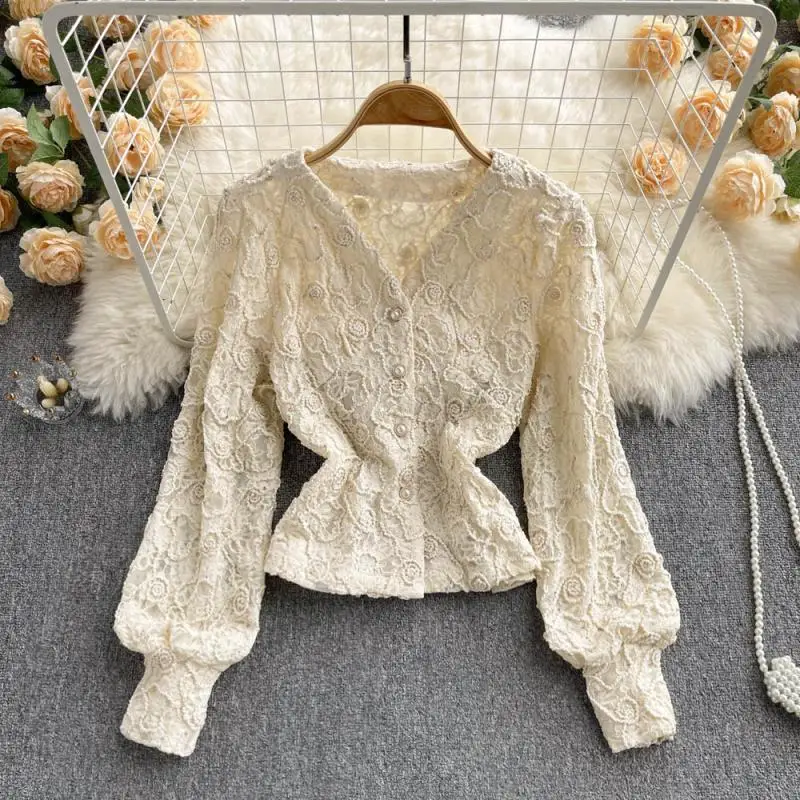 

D372 Women 2021 Spring Autumn New Fashion V Neck Retro Sexy Lace Long Sleeve Shirt Cardigan Top Mujer Elegant Blouse