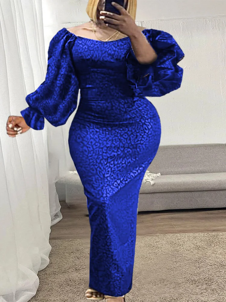 

Элегантные облегающие платья для женщин, длинное бархатное платье макси с пышным рукавом и принтом Королевского синего цвета, наряды больш...