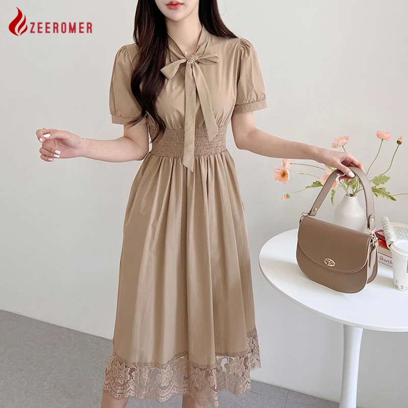 

Женское плиссированное платье, элегантное однотонное элегантное корейское шикарное платье с V-образным вырезом и бантом на завязках, модно...