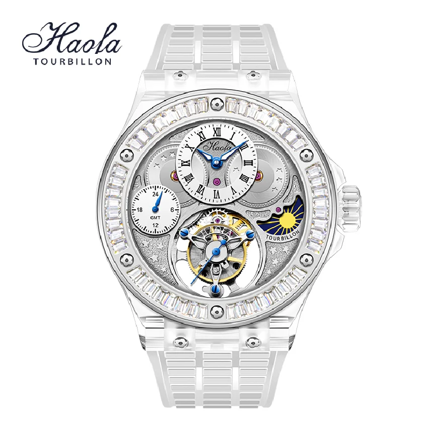 

Haofa GMT Tourbillon Movement Watch Men K9 Crystal Sapphire Mechanical Manual Flying Tourbillon Wristwatches Luxury Waterproof