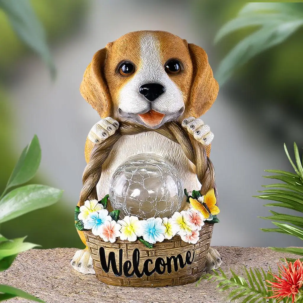 

Garden statue puppy figure animal sculpture with solar LED lights outdoors