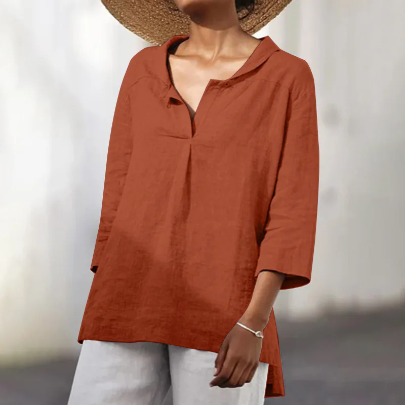 

Retro Summer Lapel Asymmetric Hem 3/4 Sleeves Casual Basic Shirt Women Camisas Mujer Women Shirts Blouses