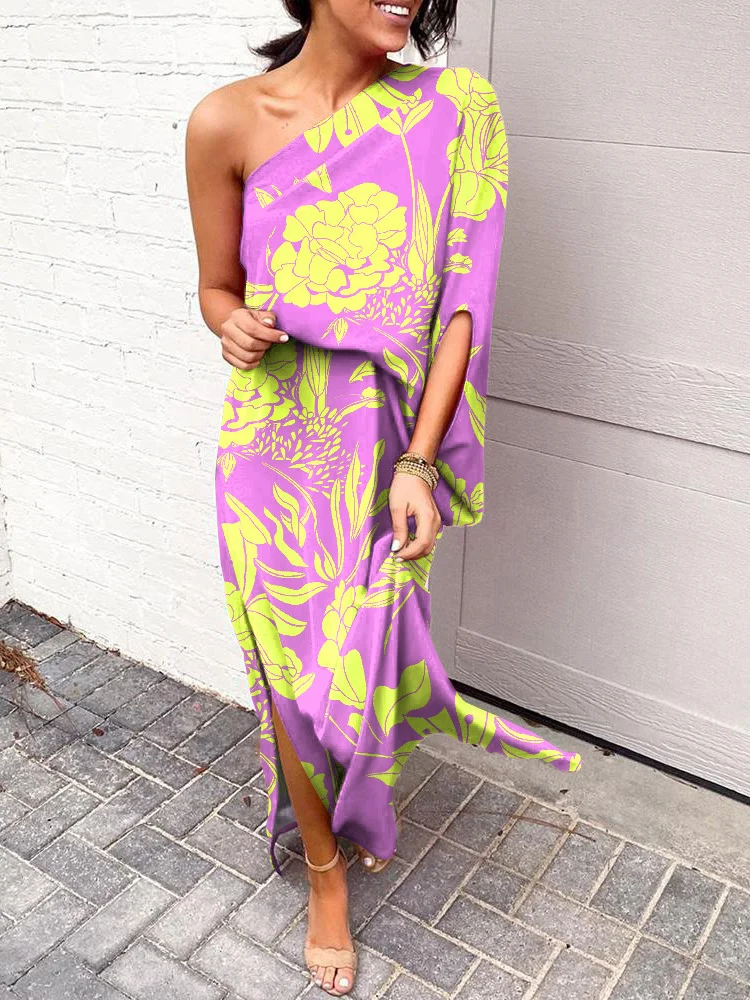 

Mandylandy Women Summer Elegant One Shoulder Split Hem Plants Print Maxi Dress Fashion Female Y2K Loose Vacation Dress