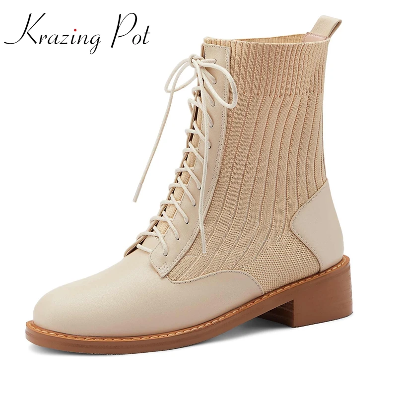 

Krazing Pot Big Size Genuine Leather Round Toe Med Heel Knitting Boots Young Lady Daily Wear Fashion Cozy Basic Ankle Boots L35