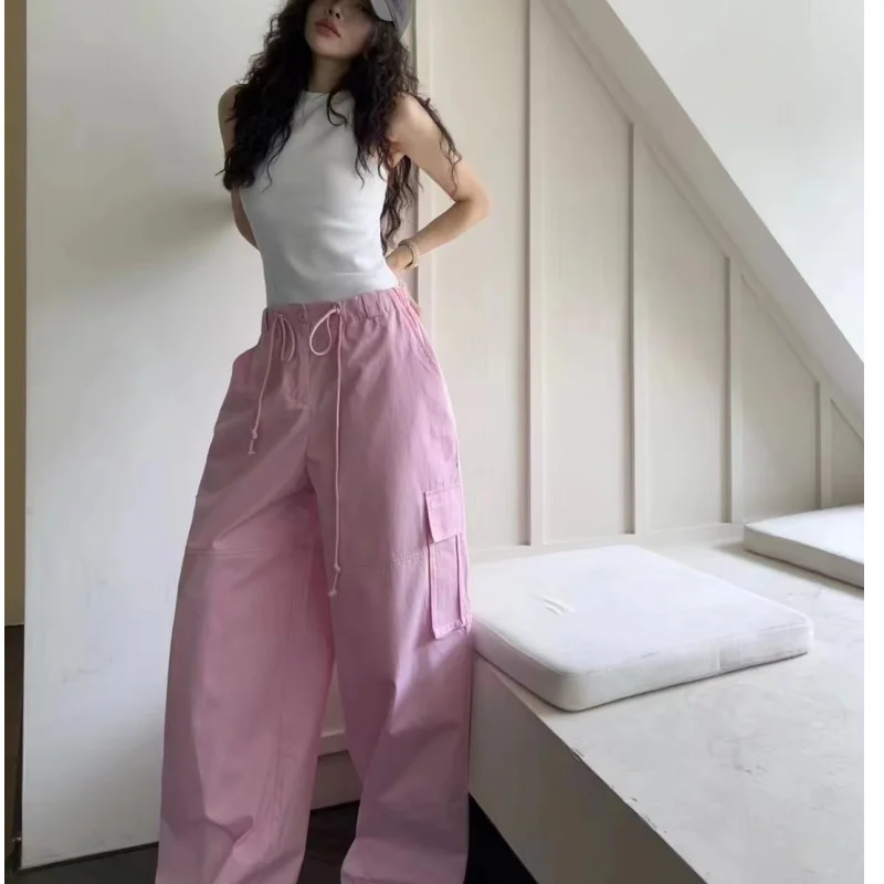 

Women Vintage White Cargo Pants Fashion Many Pocket Straight Mop Pants High Street Y2K Leg Wide Pants Ladies Spring