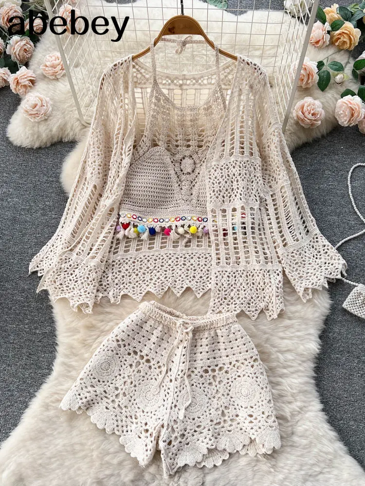 

Women Summer Sexy Boho Lace Three Piece Sets Tassel Crop Top Shorts Hollow Cardigan Holiday Casual Beach Sunwear Matching Sets