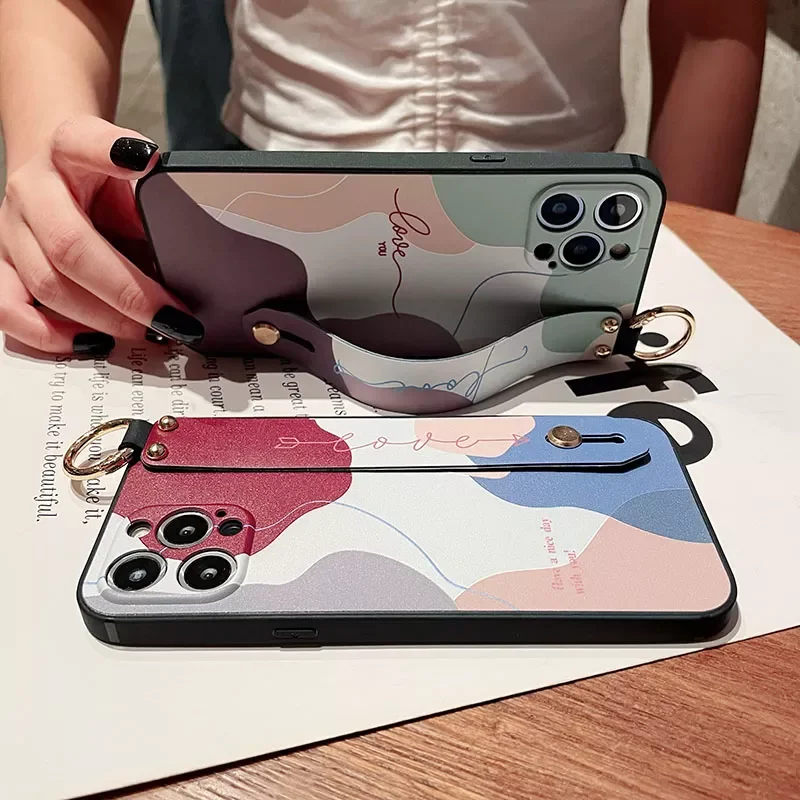 

Abstract Geometry Wrist Strap Soft Phone Case For Iphone 11 12 13 Pro MAX X XR XS SE 2020 7 8 Plus Hand Band Bracket Cover