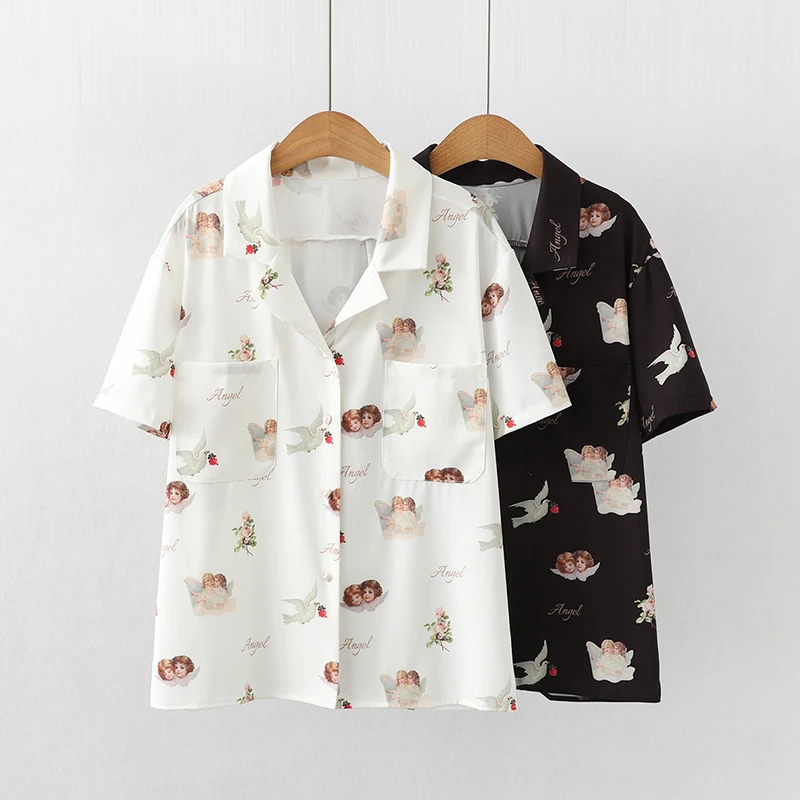 

Angel Print V Neck Short Sleeve Chiffon Shirt Women Summer 2022 Vintage Hawaii Blouse Plus Size Beach Top Camisa Hawaiana Mujer