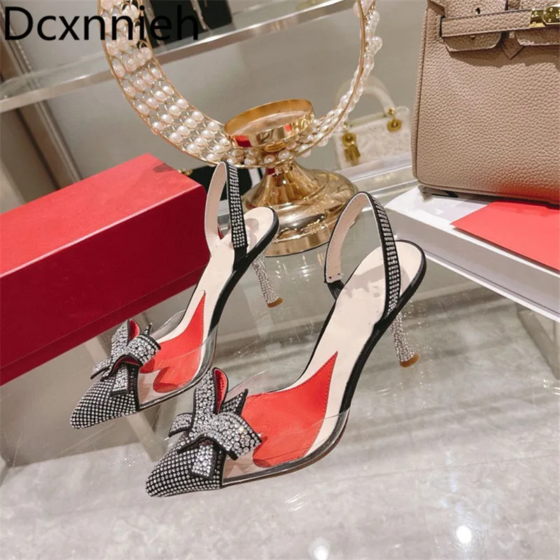 

Summer New Crystal Women Sandals Rhinestone Bowtie Slingback Shoes Pointed Toe Thin Heel Party Shoes Woman Clear Sandals 2022
