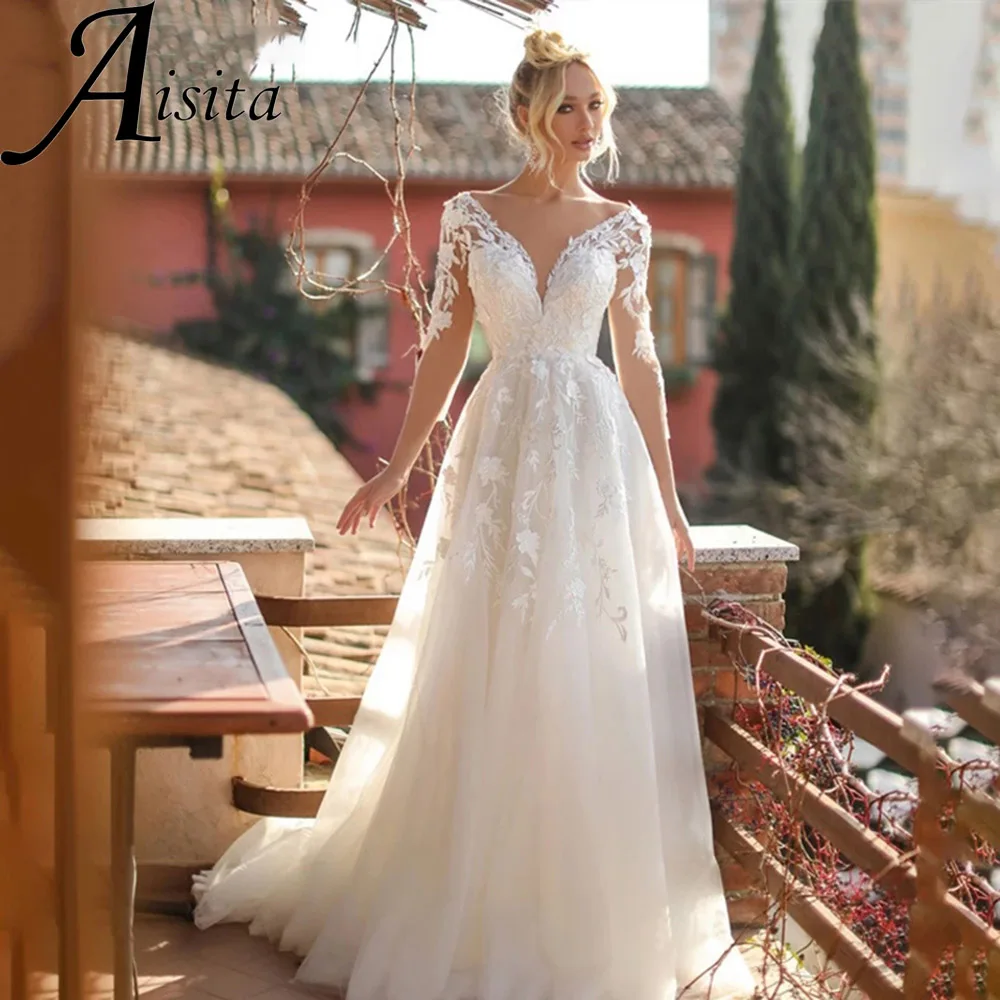 Купи Beauteous Open Back A Line Wedding Dress V Neck Lace Appliques Bridal Gown Three Quarter Sleeves Sweep Train Vestidos De Novia за 5,700 рублей в магазине AliExpress