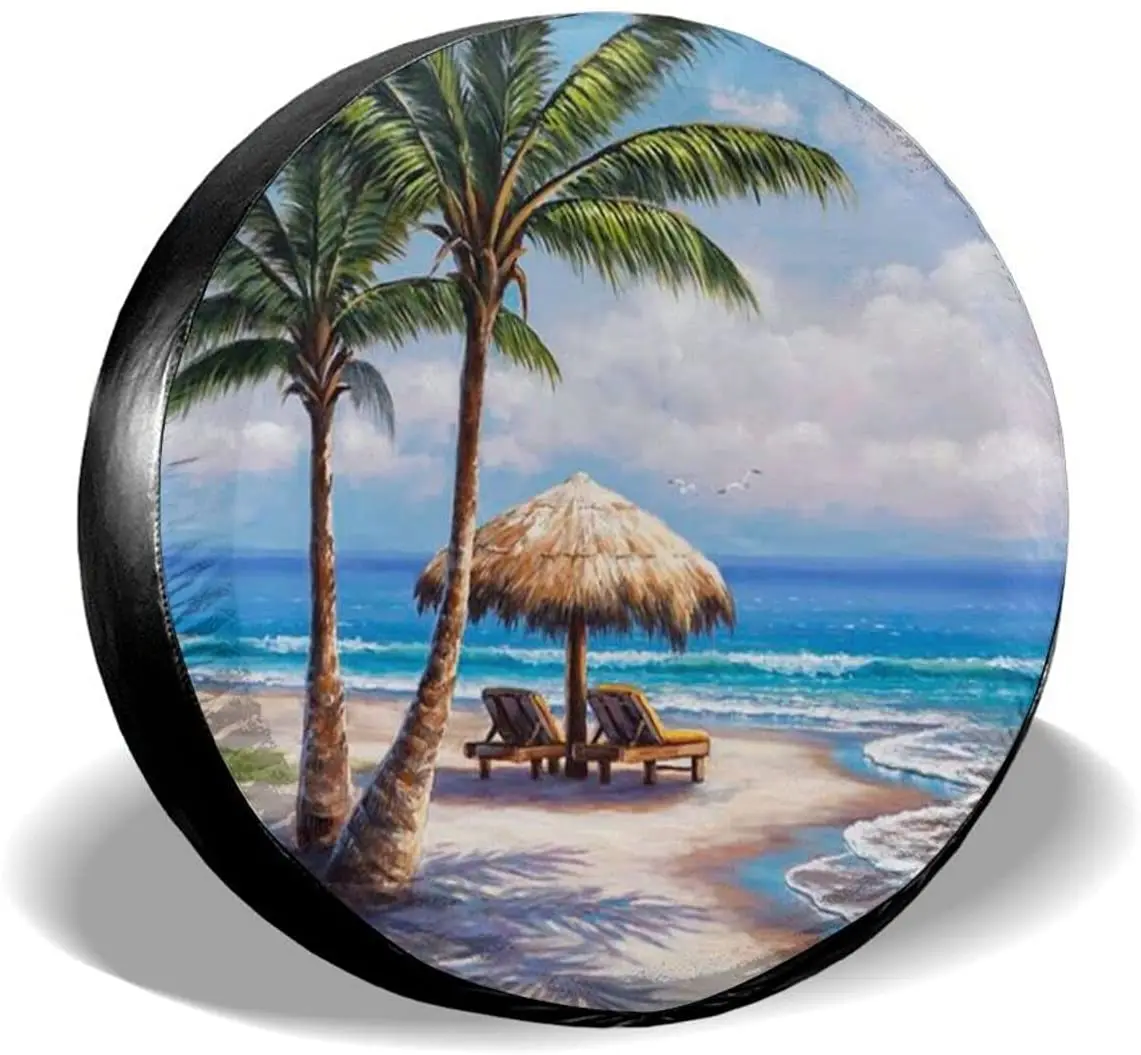 

Beautiful Beach Palm Trees Spare Tire Cover Waterproof Dust-Proof UV Sun Wheel Tire Cover Fit for Jeep,Trailer, RV, SUV and Many