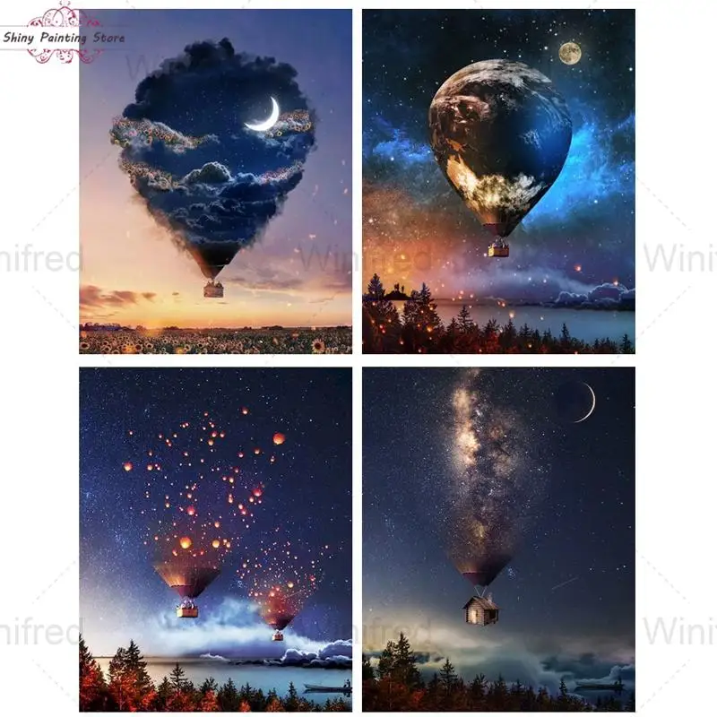 

Алмазная живопись «сделай сам» 5D с изображением ночного неба, красивый пейзаж, воздушный шар, полноразмерная круглая Алмазная вышивка, Набо...