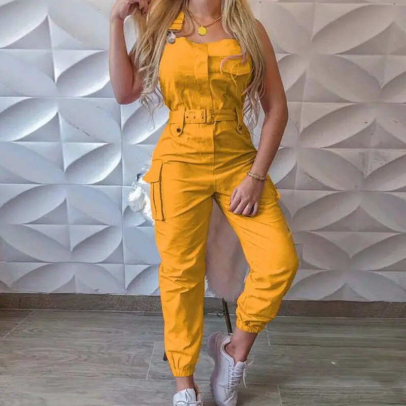 2022 Yellow Jumpsuits Women Casual Cargo Playsuit Sleeveless O Neck Jumpsuit With Pocket Belt Elegant Pencil Pants Slim Overalls