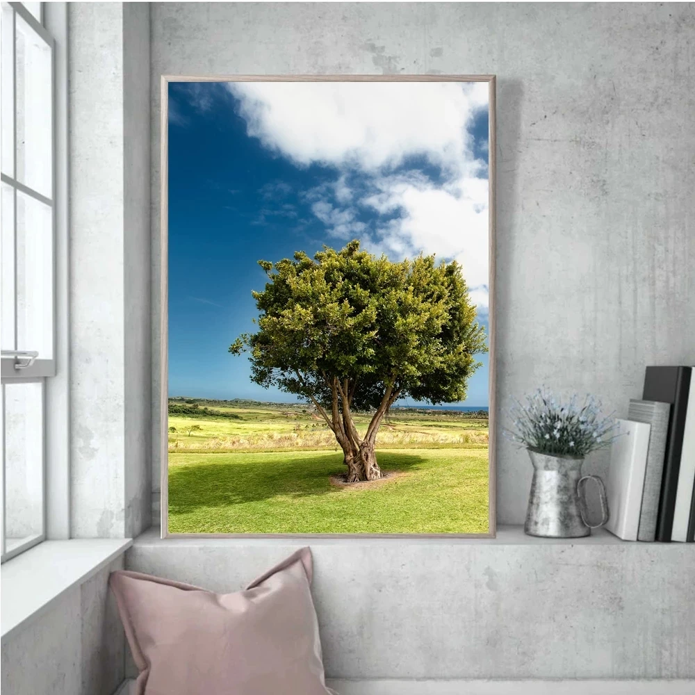 

Decor Home Tree Grassland Canvas Blue Sky White Painting Clouds Natural Scenery No Frame Picture Wall Art Modern HD Print Poster