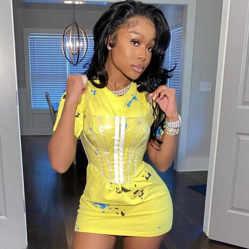 Vestido de Manga Vestidos das Senhoras Wishyear Sexy Impressão Preto Mini Curta t Camisa Topos Harajuku Streetwear Outfits Feminino Club Wear 2022
