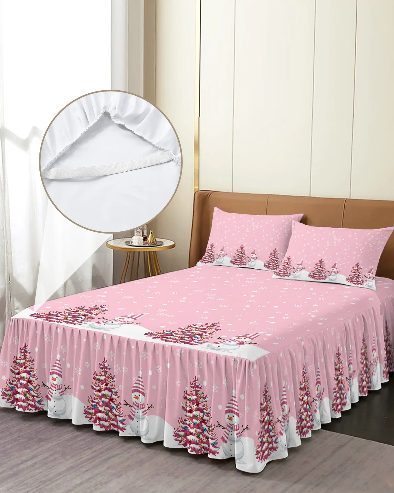 

Рождественское розовое постельное белье с изображением снеговика, рождественской елки, эластичное покрывало с наволочками, наматрасник, Комплект постельного белья, простыня