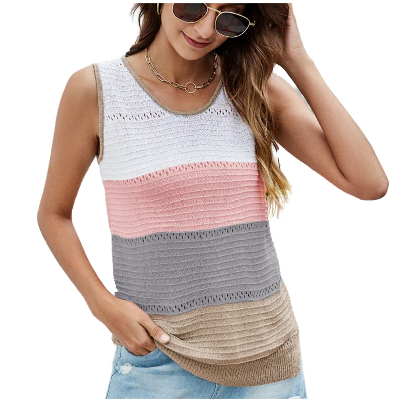 

Women Casual V-Neck Stripes Color patchwork Knit T- Shirts 2023 Summer Female Sleeveless Tops Loose Pullover Tshirts Tanks Tops
