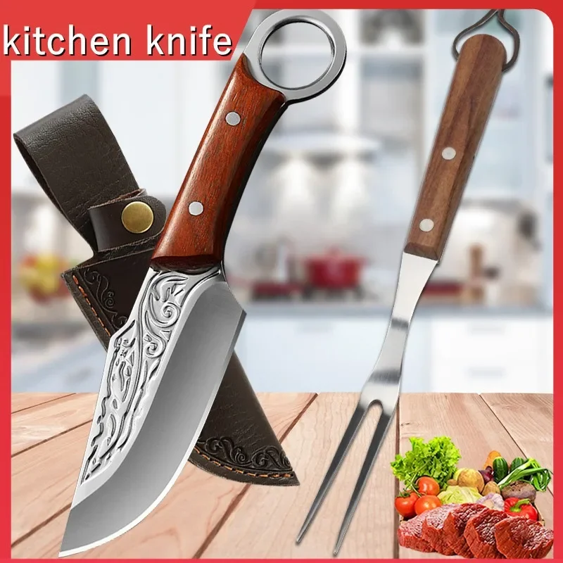 

BBQ fork BBQ Outdoor Camping Tool Portable Boning Knife Camping Knife Meat Knife Vegetable Curved Knife with Sheath Wood Handle