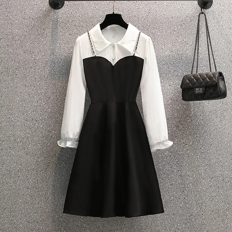 

Женское черно-белое платье-рубашка средней длины, облегающее ТРАПЕЦИЕВИДНОЕ элегантное весенне-осеннее повседневное лоскутное платье с дл...