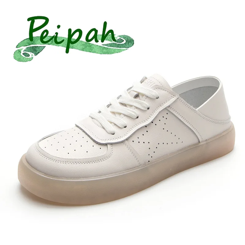 

PEIPAH Breathable Lace-Up Front Skate Shoes for Women Genuine Leather Flats Ladies Casual Solid Sneakers Female Sport Footwear