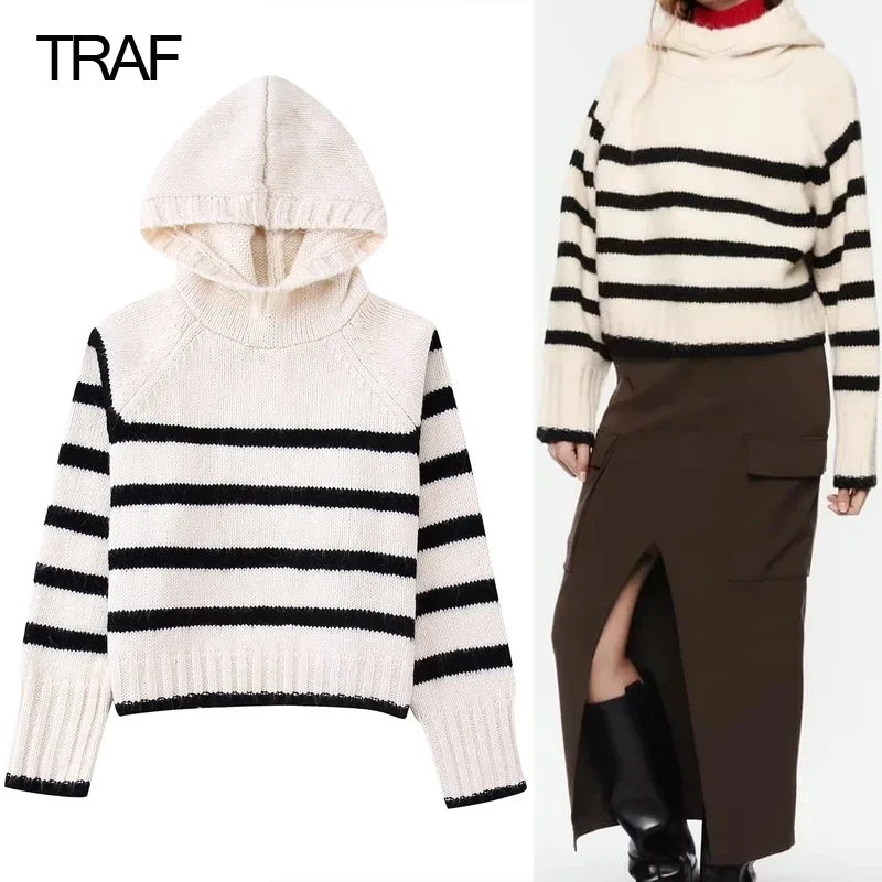 

TRAF Striped Hooded Sweater Women Cropped Knitted Sweater Overside Woman Pullover Women Winter 2022 Long Sleeve Sweaters Woman