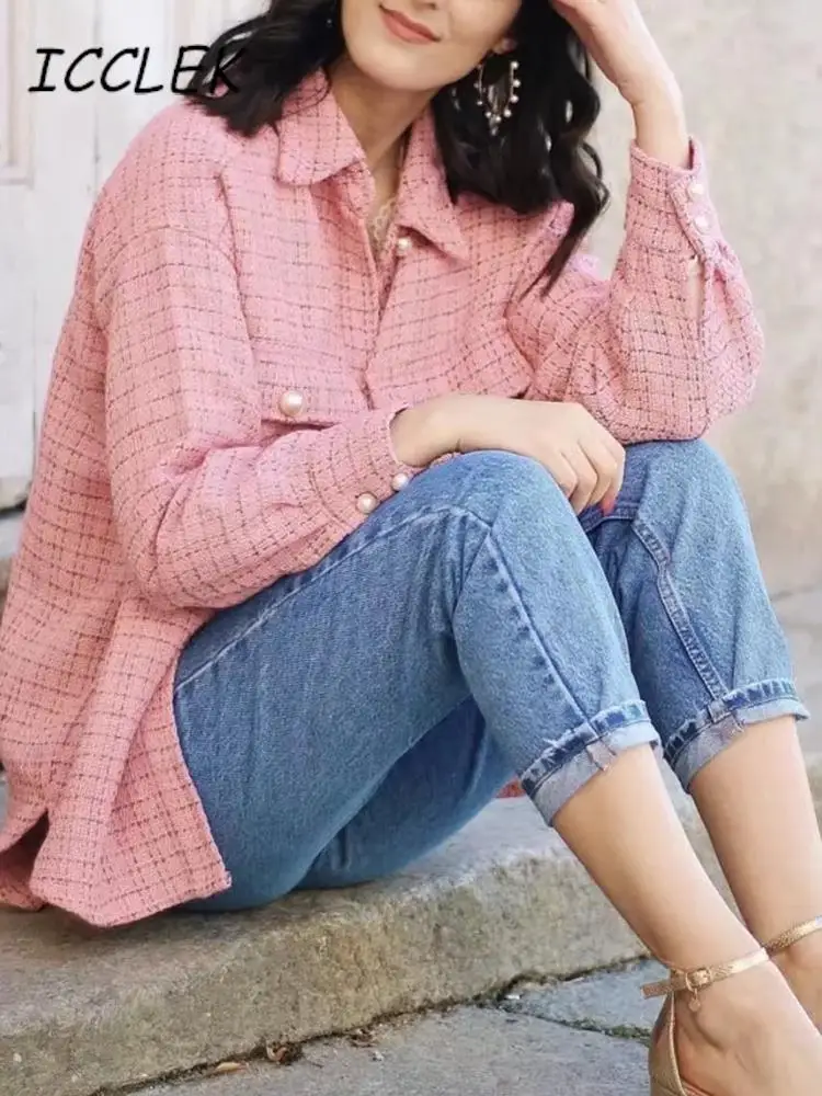 

Icclek Plaid Shirt Jacket Vintage Tweed Jacket Coat Fall Women's Long Sleeve Tweed Jewelry Button Jacket Chic Oversized Coats