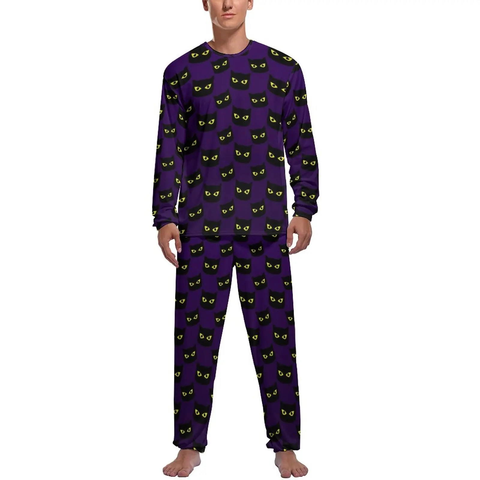 Black And Purple Cat Pajamas Men Halloween Print Trendy Sleepwear Spring Long Sleeve Two Piece Casual Custom Pajama Sets