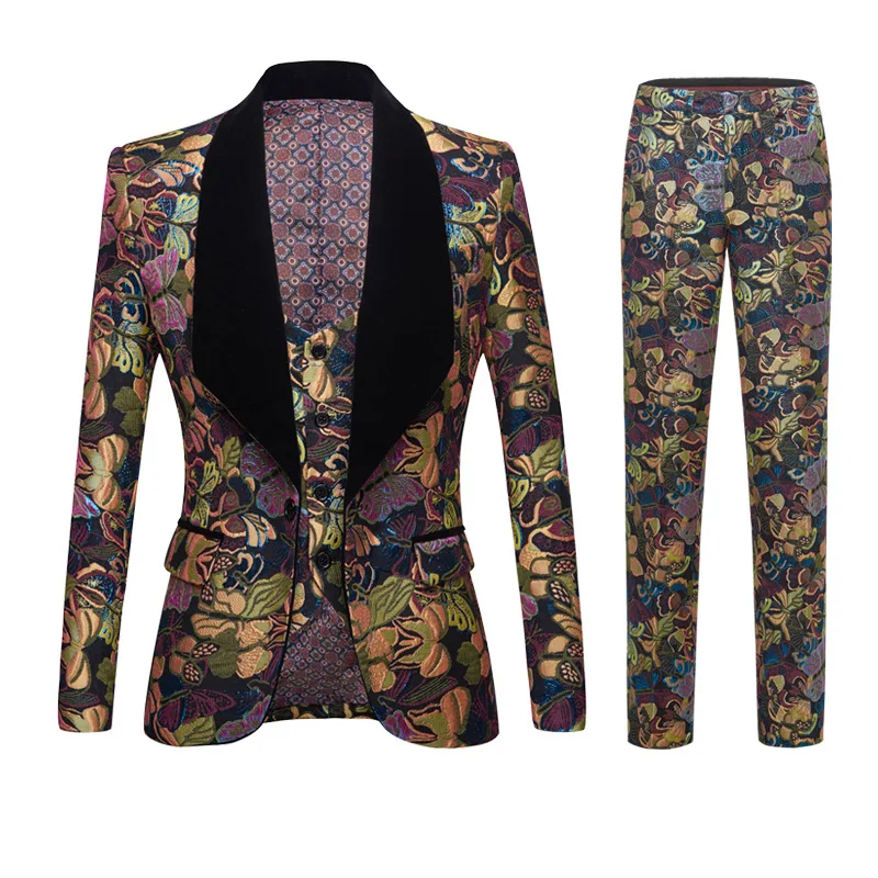 Foreign trade hot style European and American British style men's suit three-piece plant flower gold silk jacquard host dress