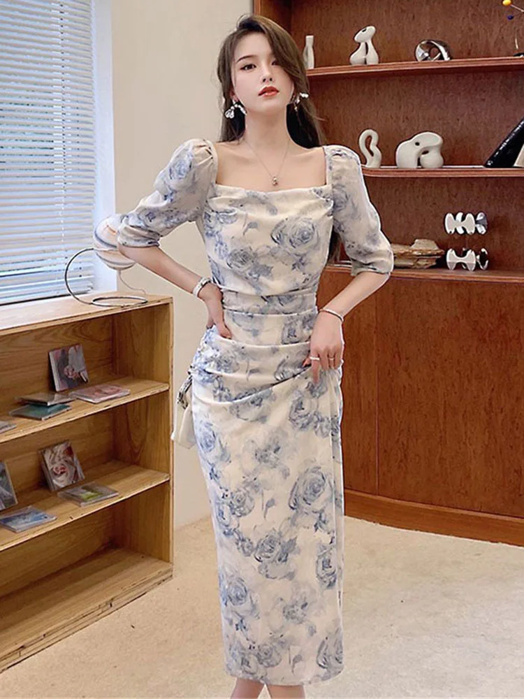 

Elegant Fashion Puff Sleeve Flroal Printed Ruched Party Midi Dresses Vintage Sexy Female Vestidos 2022 Summer New B459