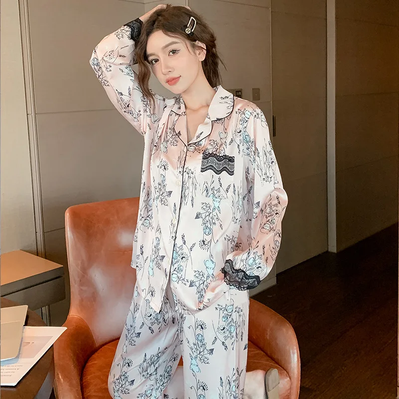 2023 Autumn Pajamas Women's Ice Silk Silk Long-Sleeved Rabbit Two-Piece Set Thin Homewear Suit