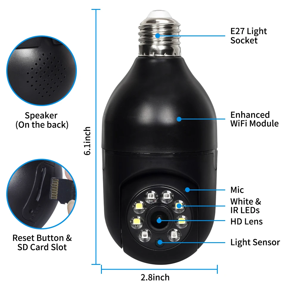 200W E27 Bulb Infrared Night Vision IP Camera Smart Home Security Baby Monitor Wifi Digital Zoom 2PM CCTV Surveillance | Безопасность и