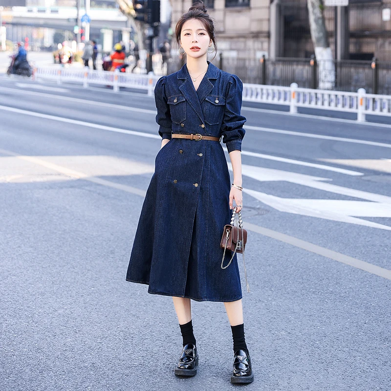 

2022 spring new korean streetwear women denim dress double breasted dresses with belt jeans shirt dress a line vestidos femme
