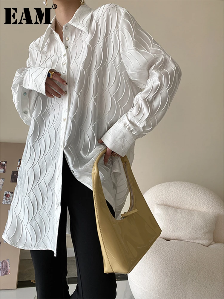 

[EAM] Women White Ripple Big Size Casual Blouse New Lapel Long Sleeve Loose Fit Shirt Fashion Tide Spring Autumn 2022 1DE8839