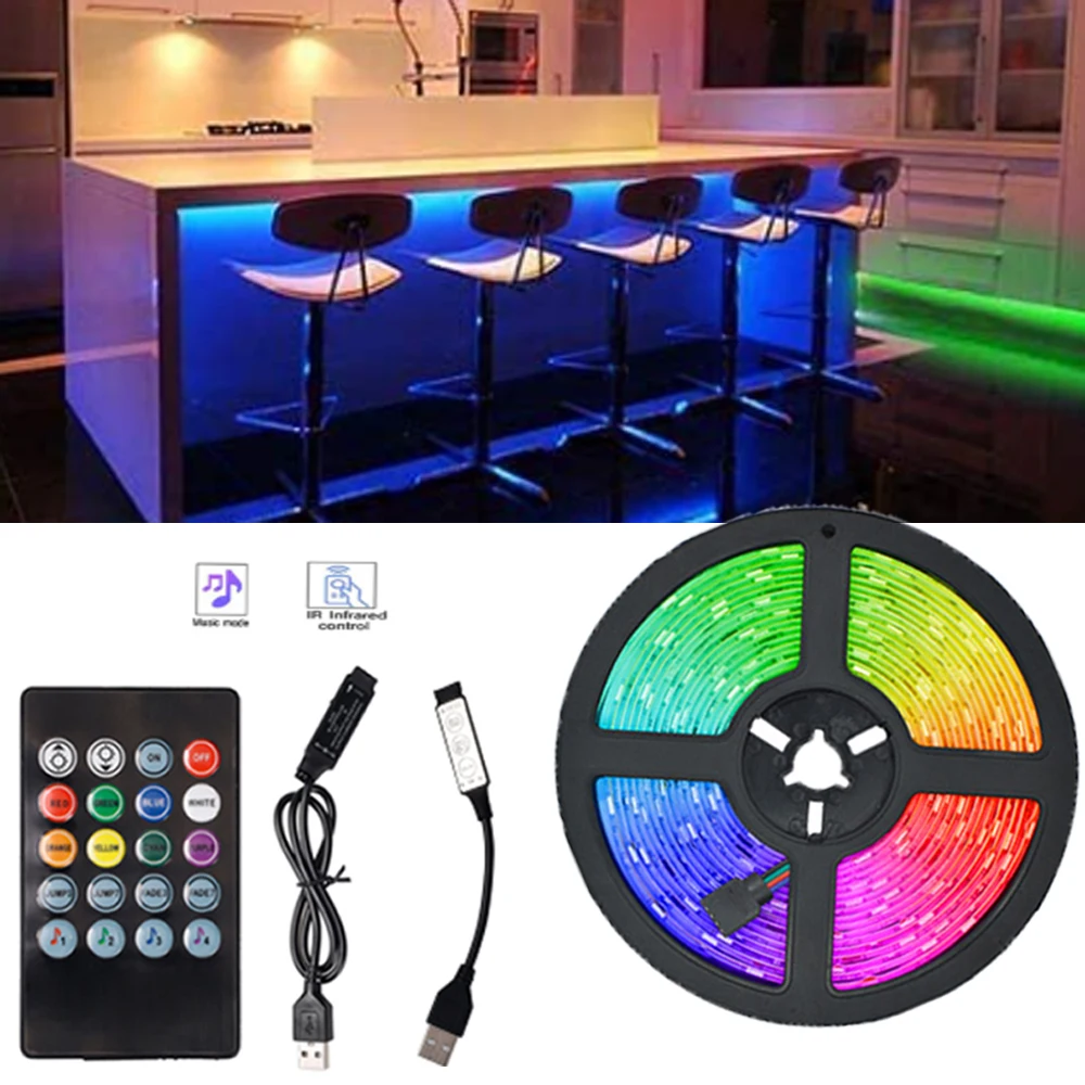 

LED Strip Light 3 Key Button And 20 Key IR Control With Music Mode RGB USB 5V Lamp Tape For TV Backlight Bedroom Lamp Decor LM