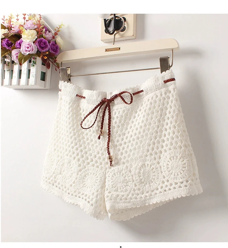 Female Summer Beach knitted Hook Eyelet Shorts Women outerwear anti glare safety pants Lace embroidery Fashion Short