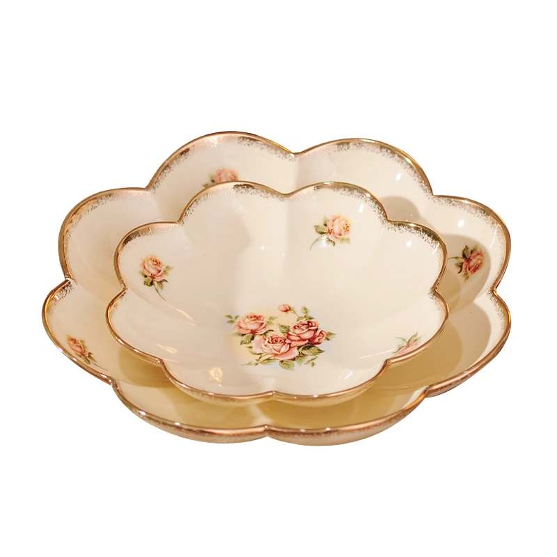 

European-Style Ceramic Tableware Gold-Plated Rose Ceramic Lotus Plate Dishes Dim Sum Plate Fruit Plate Dish Dim Sum Dish