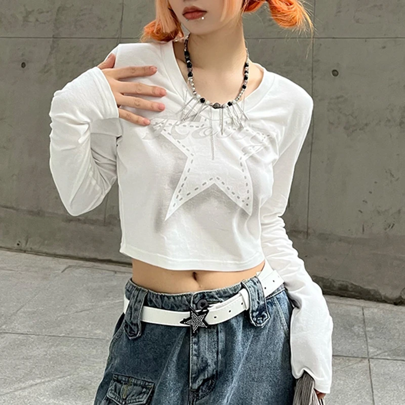

Autumn Fashion Slim Sexy Print Letters Star V-neck Long Sleeve Tee Shirt Short Skinny T-Shirts Women Girl Tshirt Y2k Cropped Top