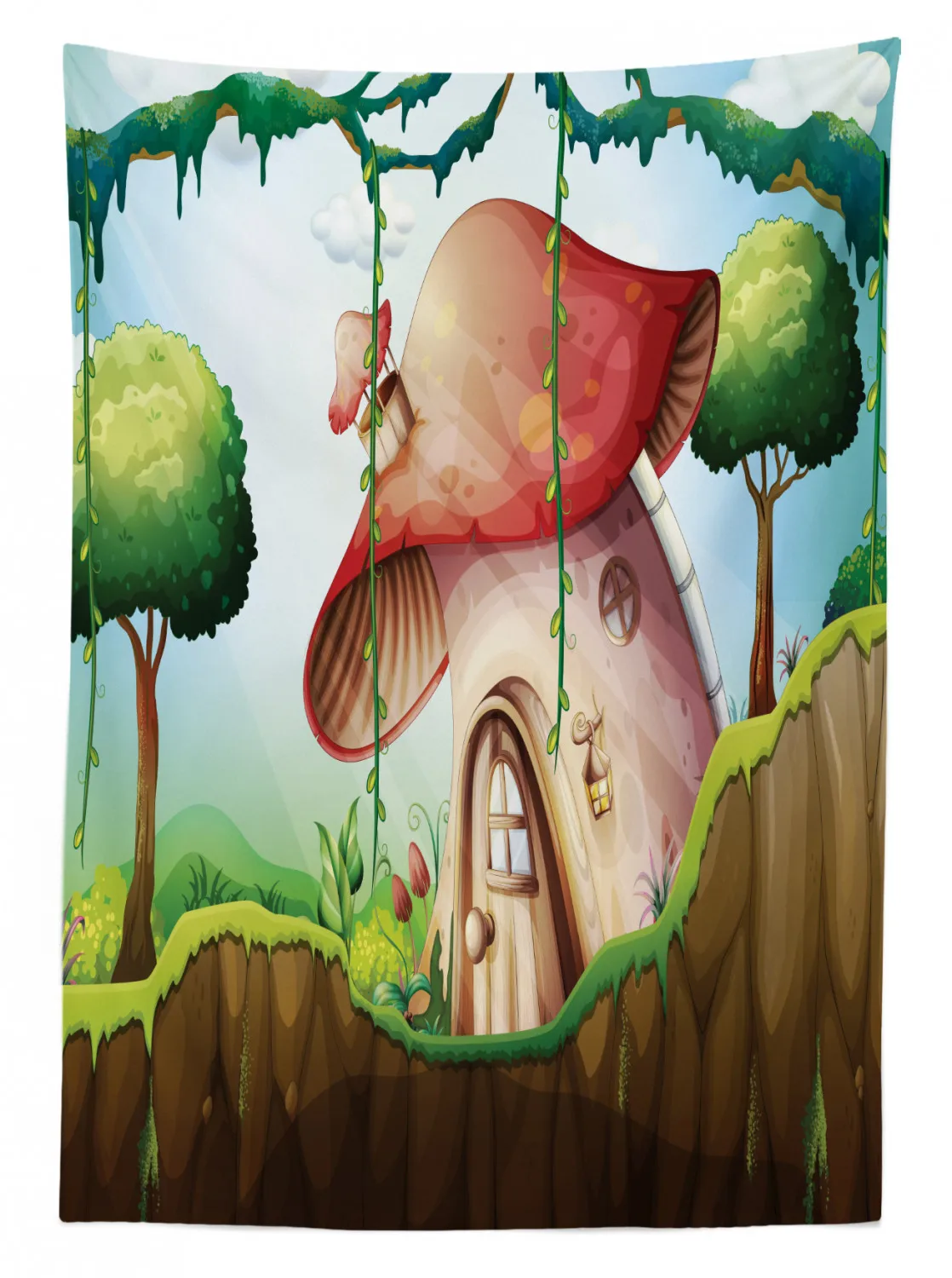 Скатерть с мультяшным рисунком грибного дома в тропическом лесу тканевая