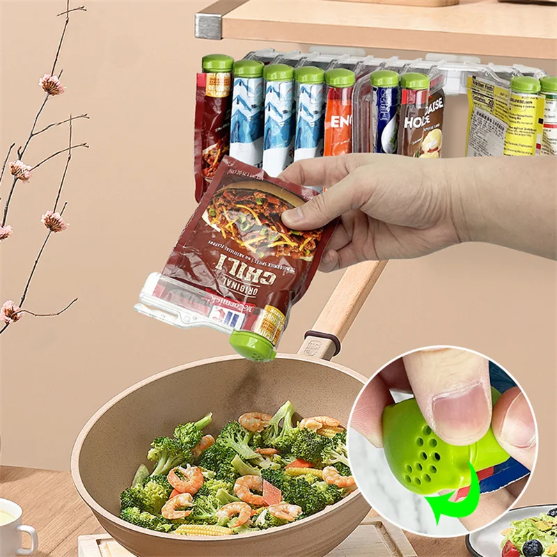 

Home Kitchen Wall-Mounted Seasoning Bag Storage Rack Free Punch Seasoning Bag Rack Seal Clip Bracket Salt Pepper Kitchen Shelf