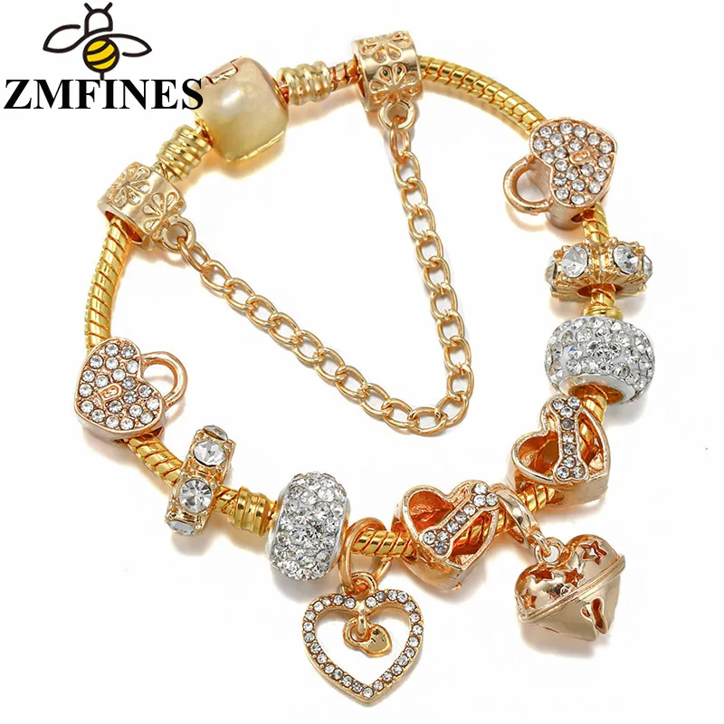 

Valentine's Day Charm Bracelet For Women With Gold Color Snake Chain Heart-Shaped DIY Charms Beads Pendants High-Quality Jewelry