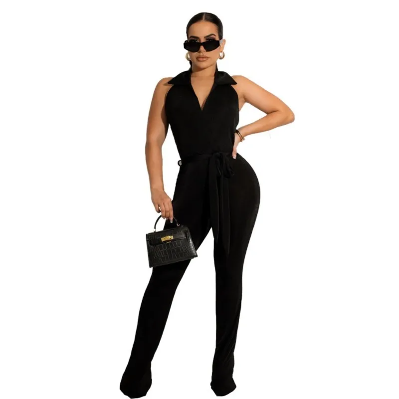 Sexy Backless Wide Leg Jumpsuit Women Sleeveless V-Neck Rompers High Waist Trousers Stretch Fashion Club Summer African Clothing