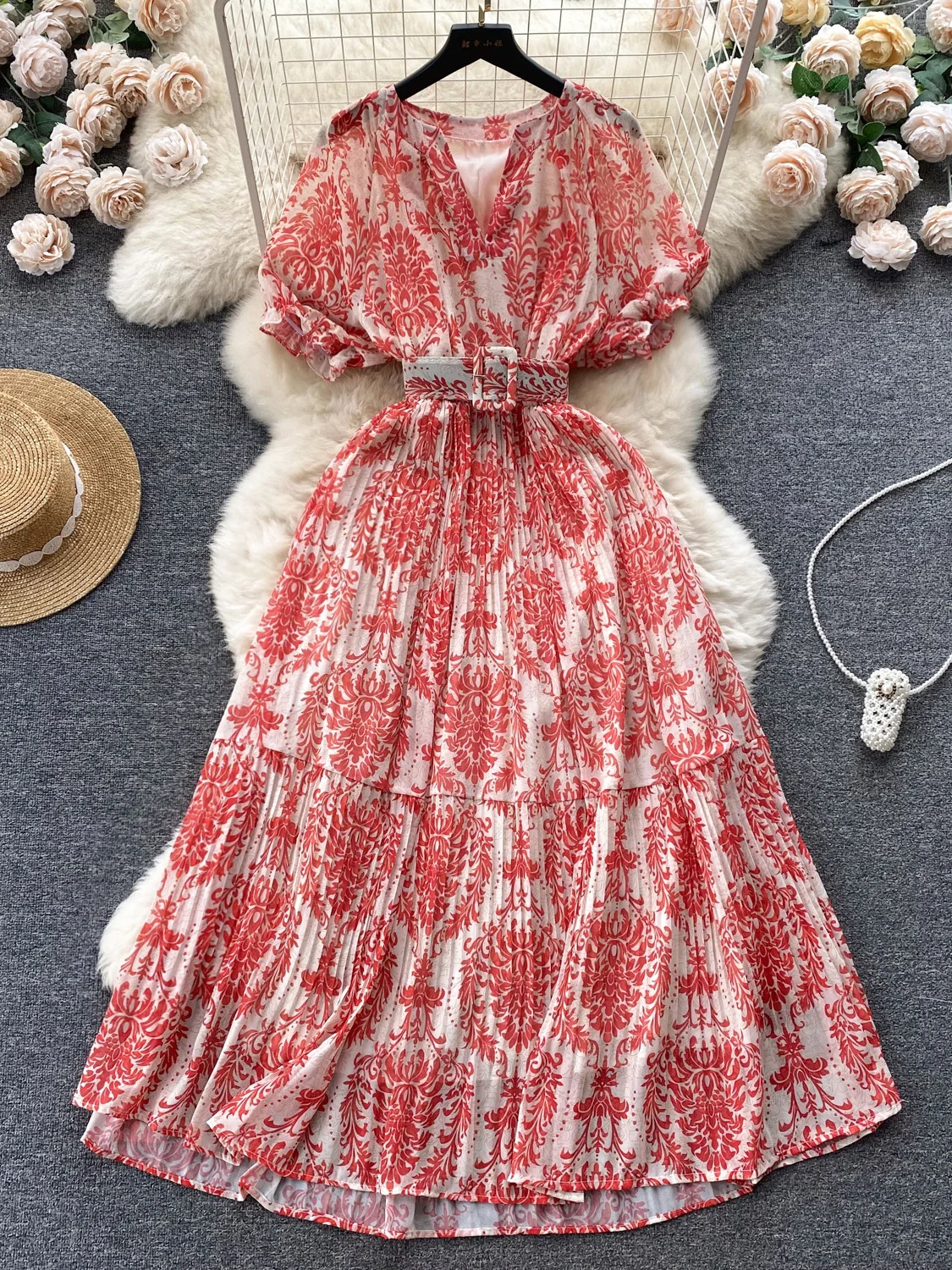 

Женское шифоновое платье с драпировкой, винтажное длинное платье с принтом, V-образным вырезом, пышными короткими рукавами, высокой талией, плиссированное пляжное платье для отпуска, Новинка лета